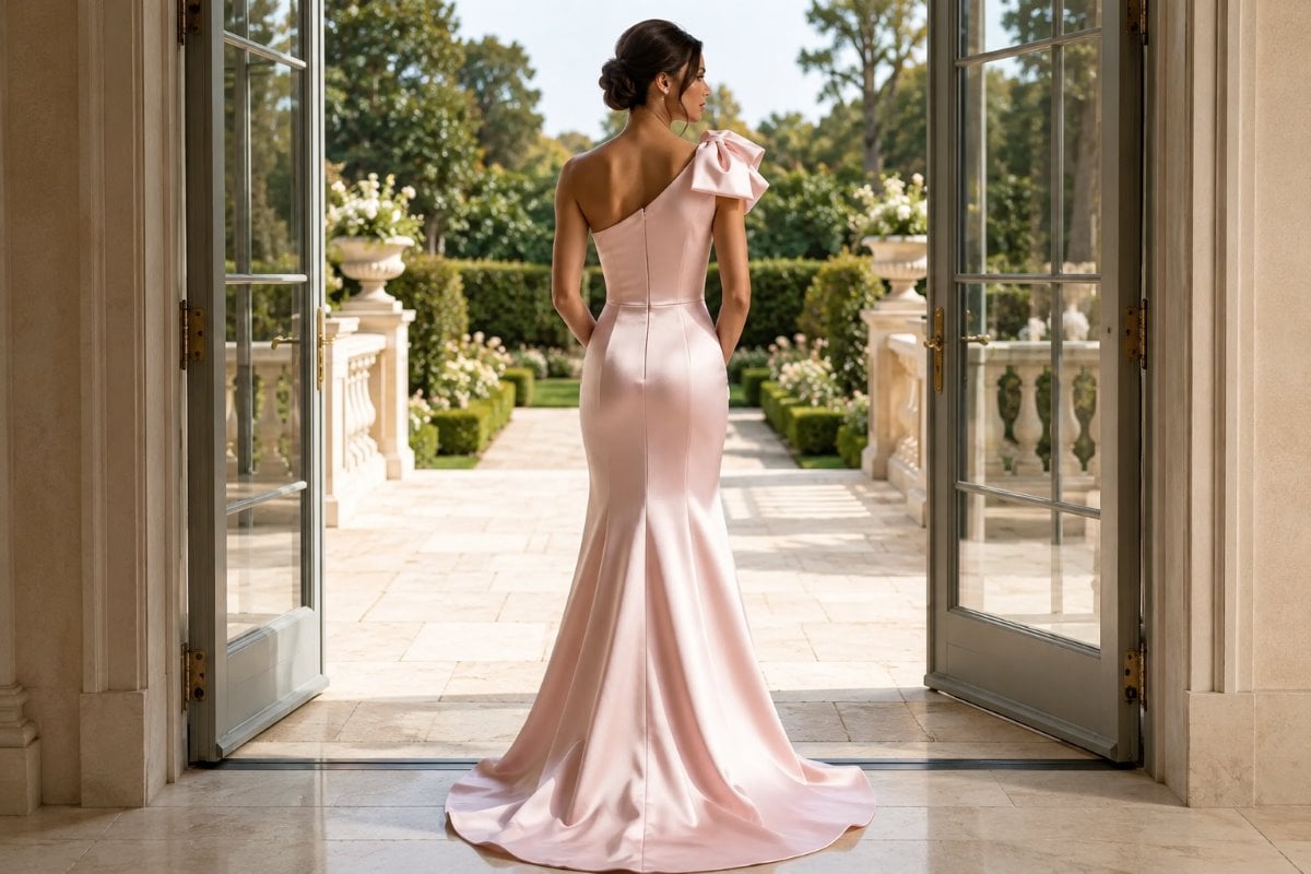 One Shoulder Satin Mermaid Gown Back