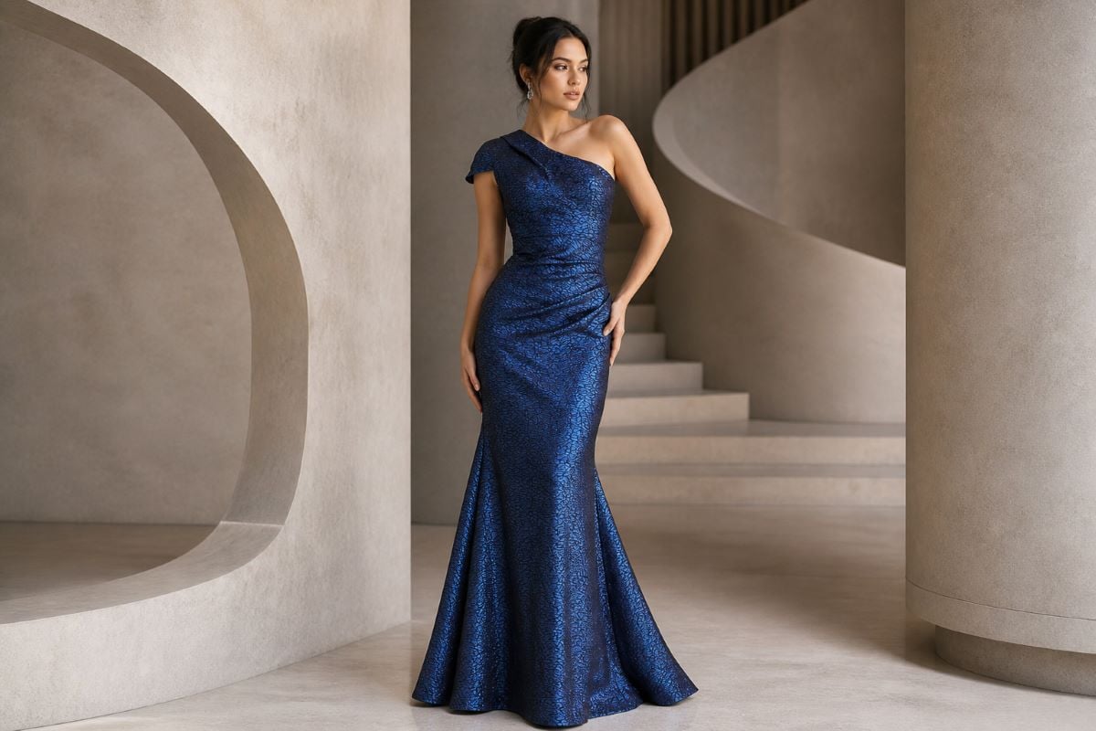 One shoulder mermaid gown with textured metallic fabric