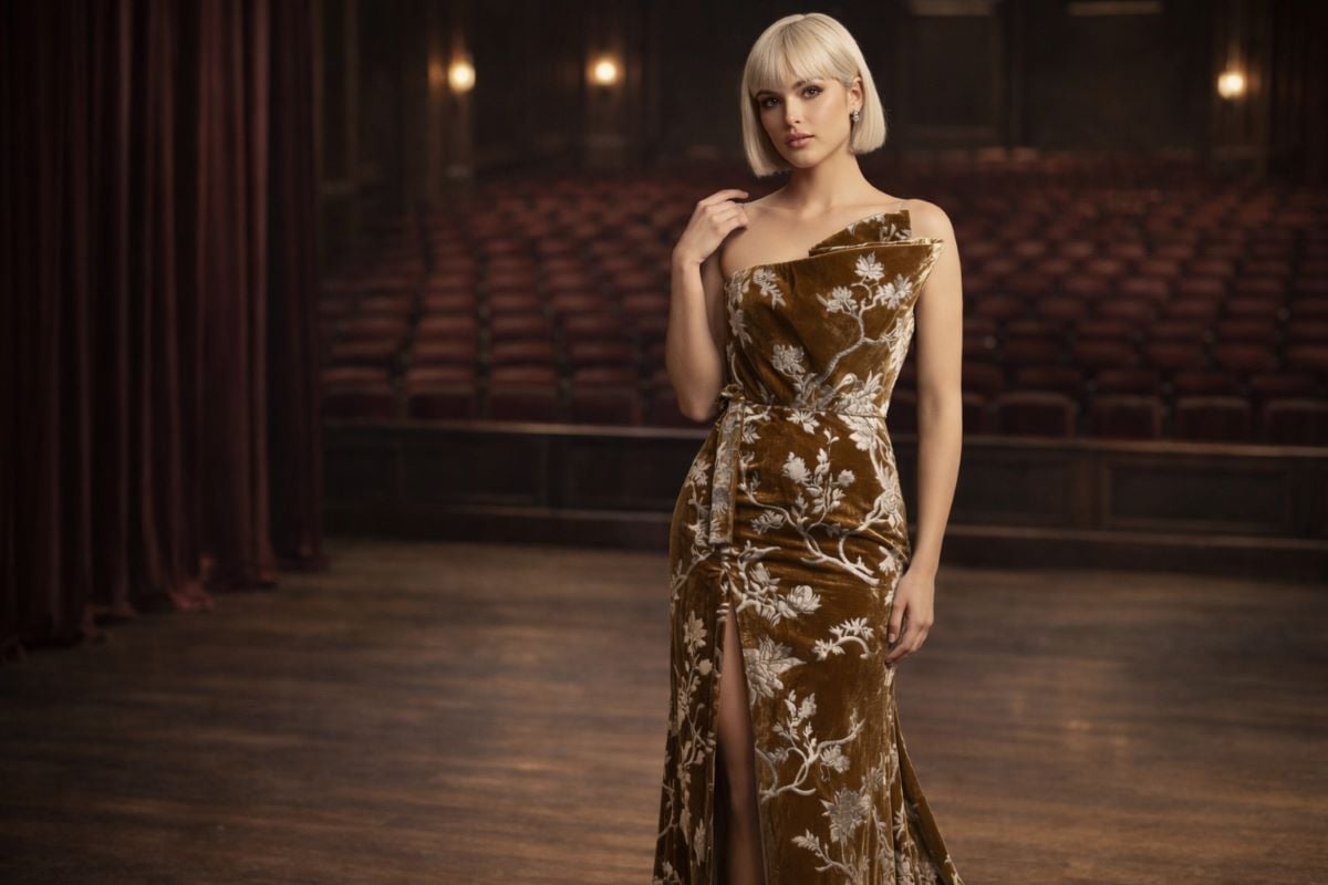 One-shoulder velvet gown with floral pattern and slit