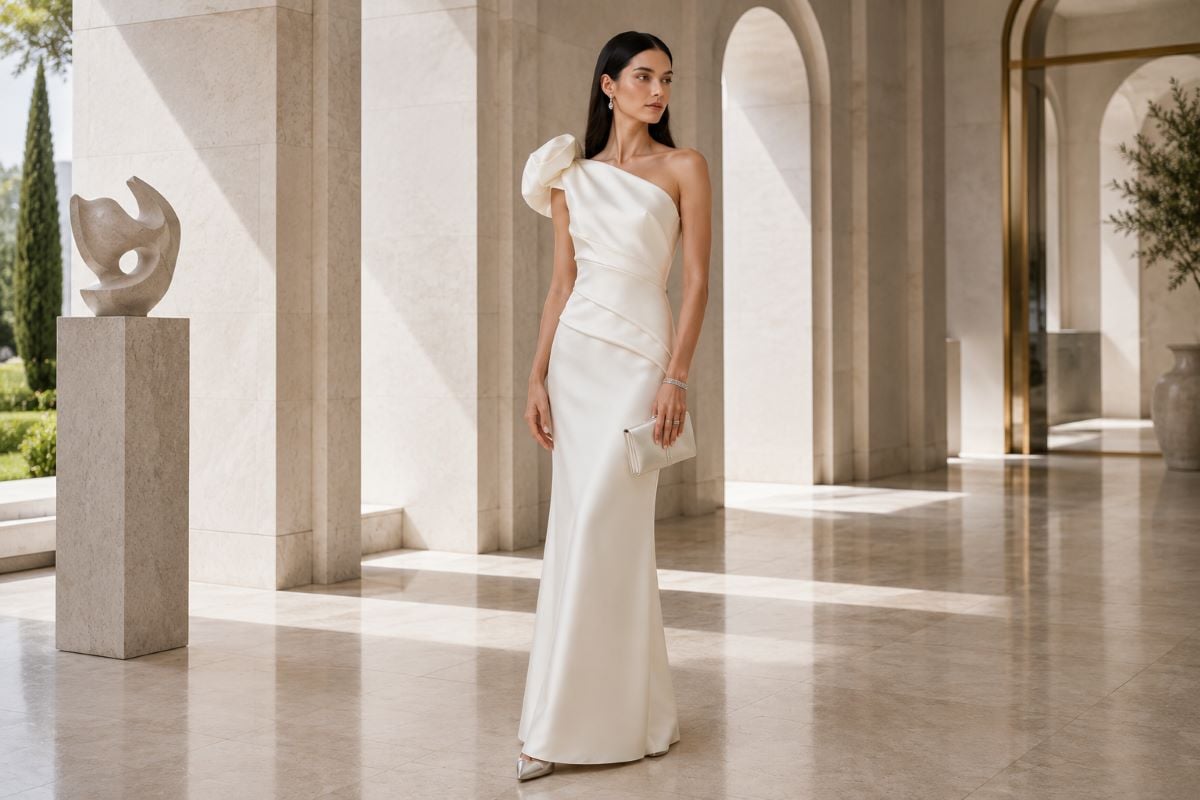 Woman in ivory one shoulder satin gown with elegant wedding guest accessories