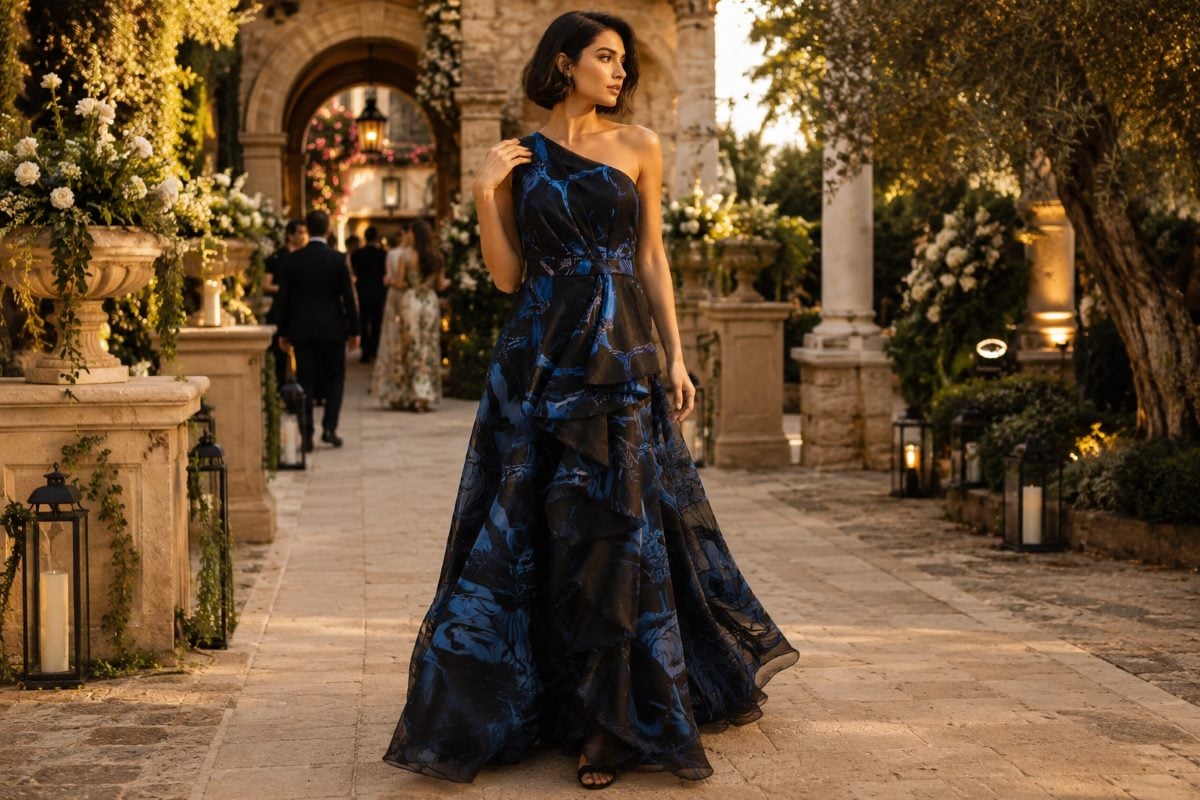 Elegant wedding guest gown editorial look
