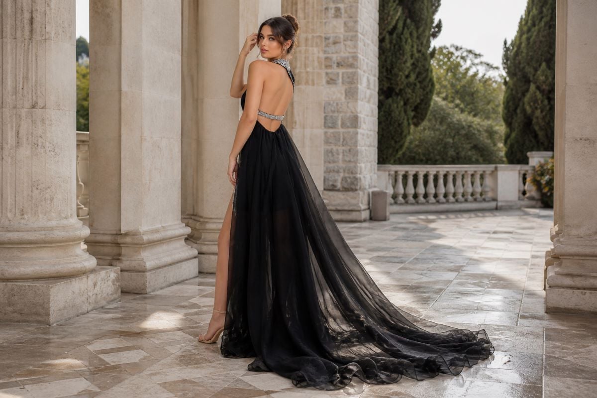 open back black prom gown with flowing skirt and train outdoors