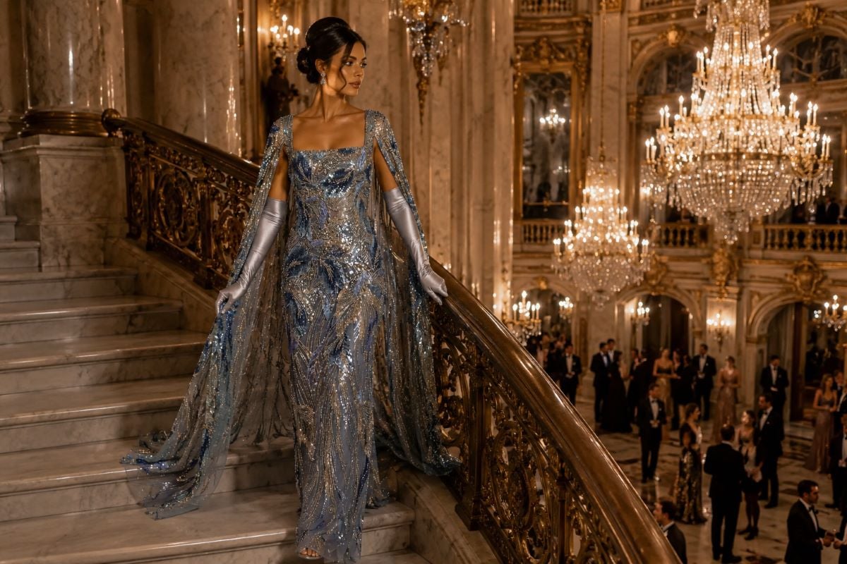 Pageant contestant wearing opera gloves with embellished evening gown