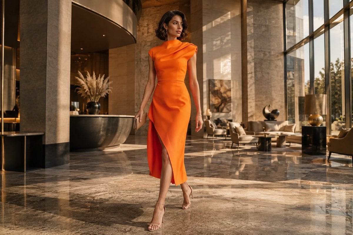 Orange cowl neck editorial guest dress