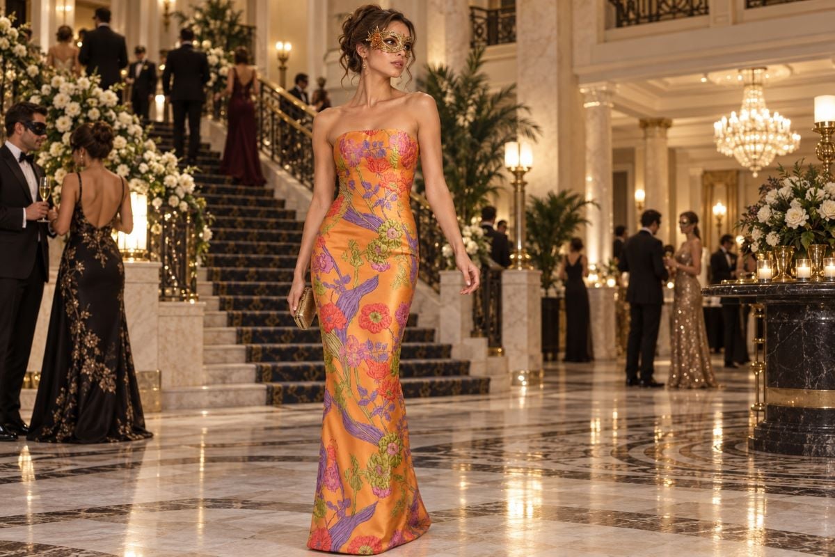Orange floral masquerade gown at hotel entrance