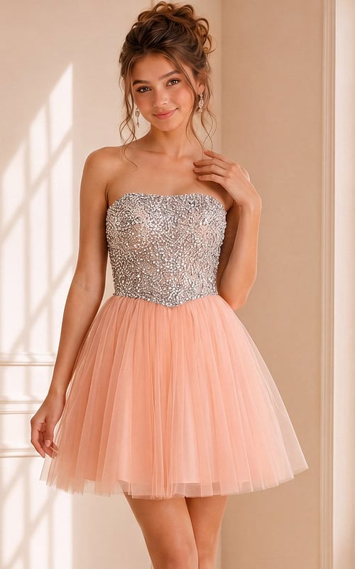 Strapless Sequin Bodice Tulle Skirt Cocktail Dress 58470