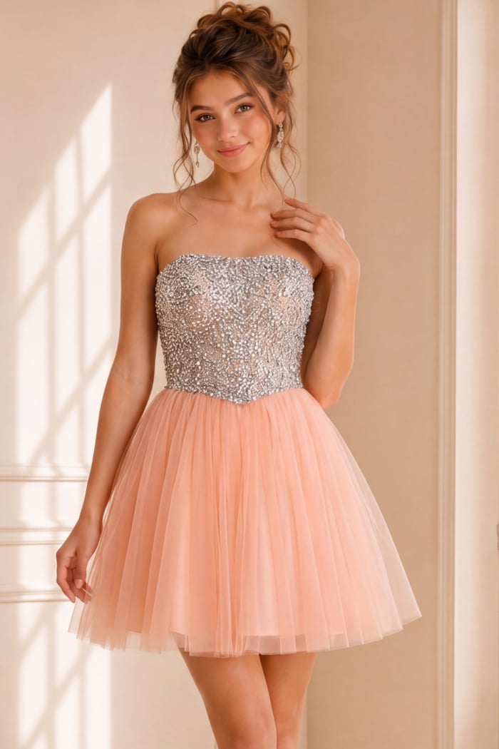 Strapless Sequin Bodice Tulle Skirt Cocktail Dress 58470