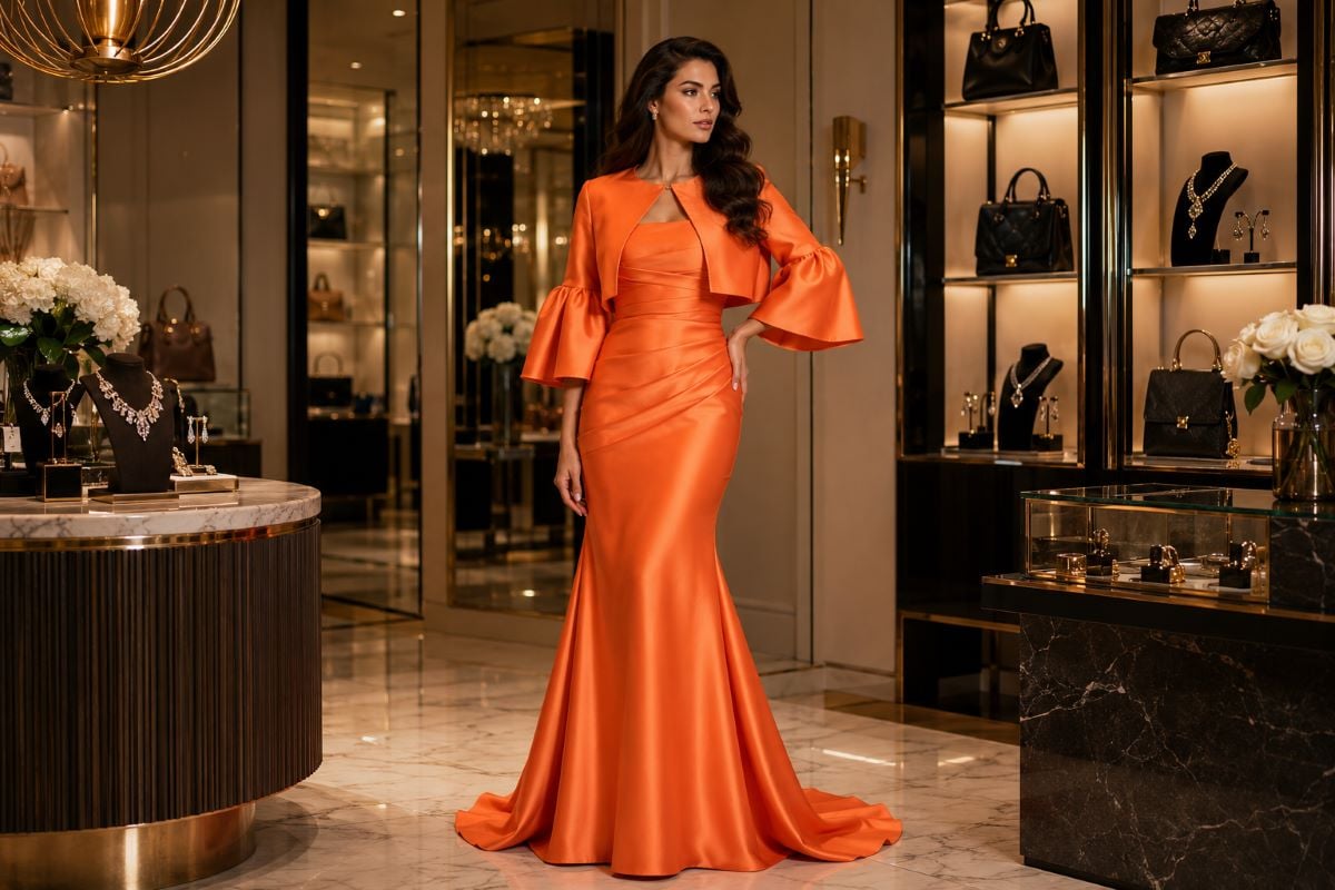 Woman in orange satin evening gown inside luxury accessories salon
