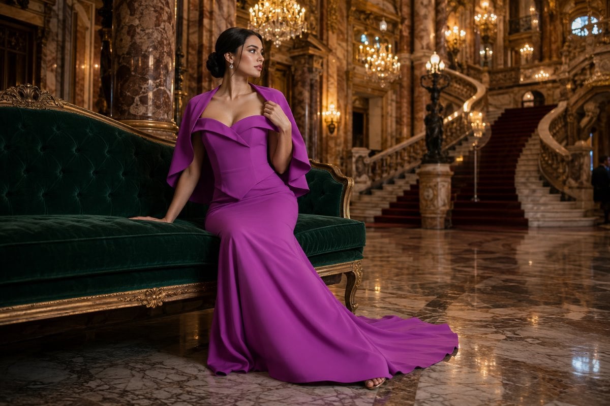 Woman in orchid gown wearing elegant capelet