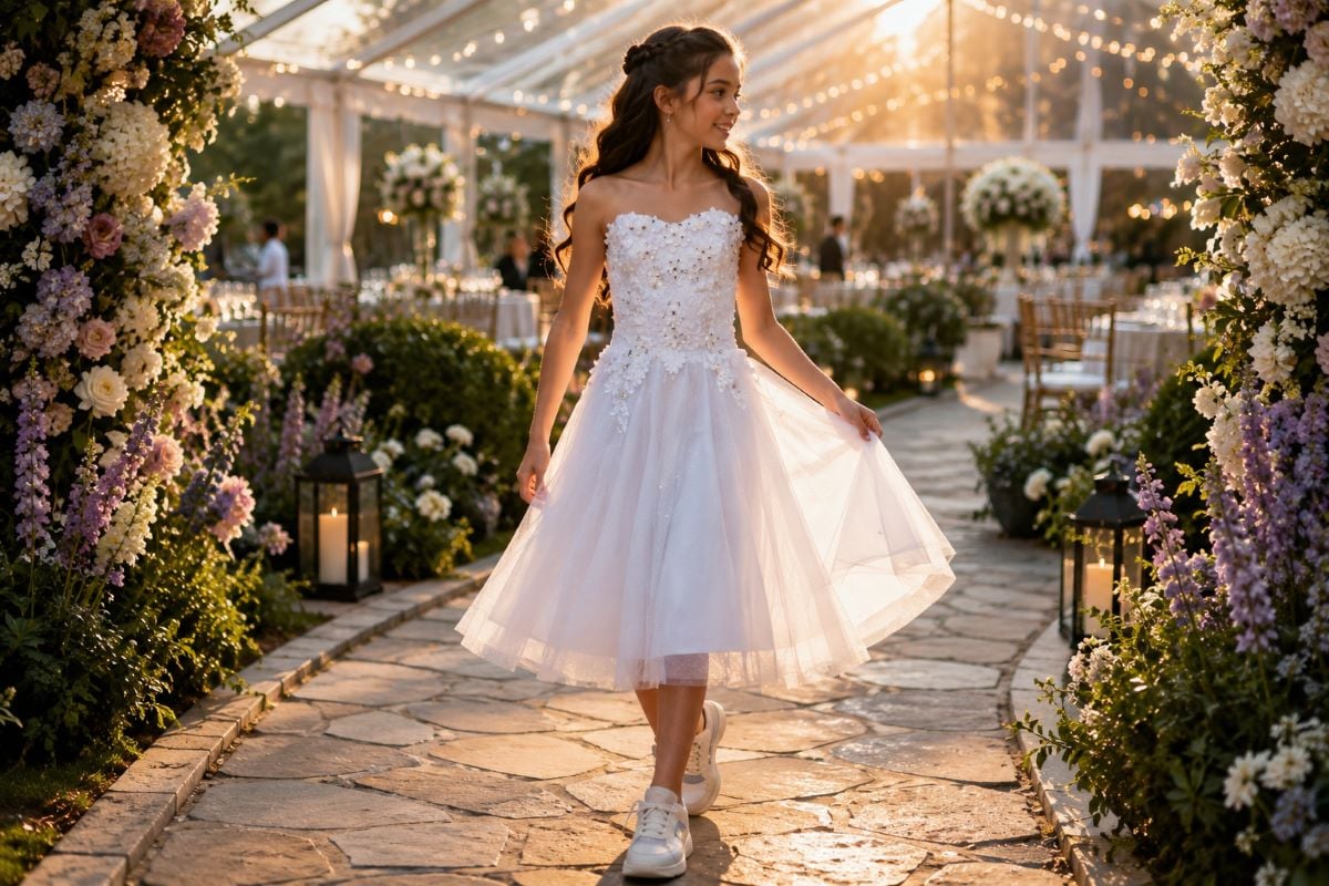 Outdoor bat mitzvah girl in white dress