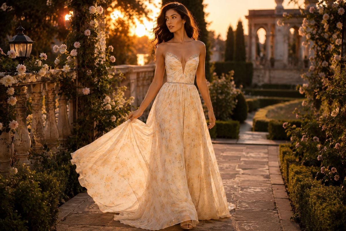 Flowy ivory botanical prom gown in garden