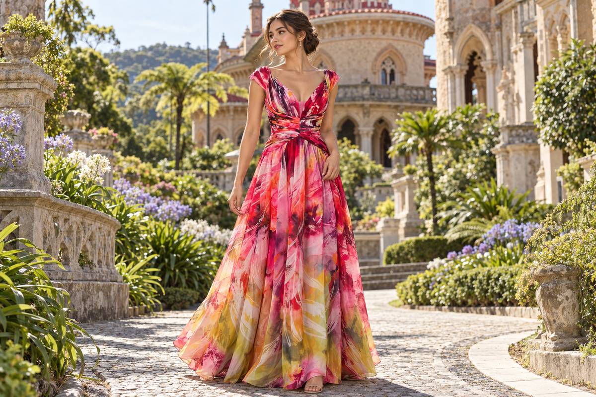 Outdoor wedding guest hairstyle with printed gown