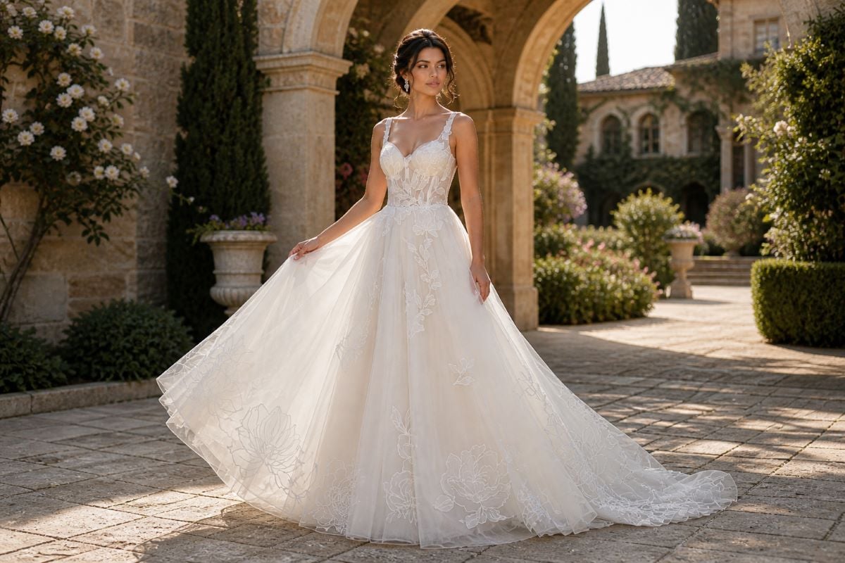 Ivory floral appliqué ball gown in luxury outdoor wedding setting