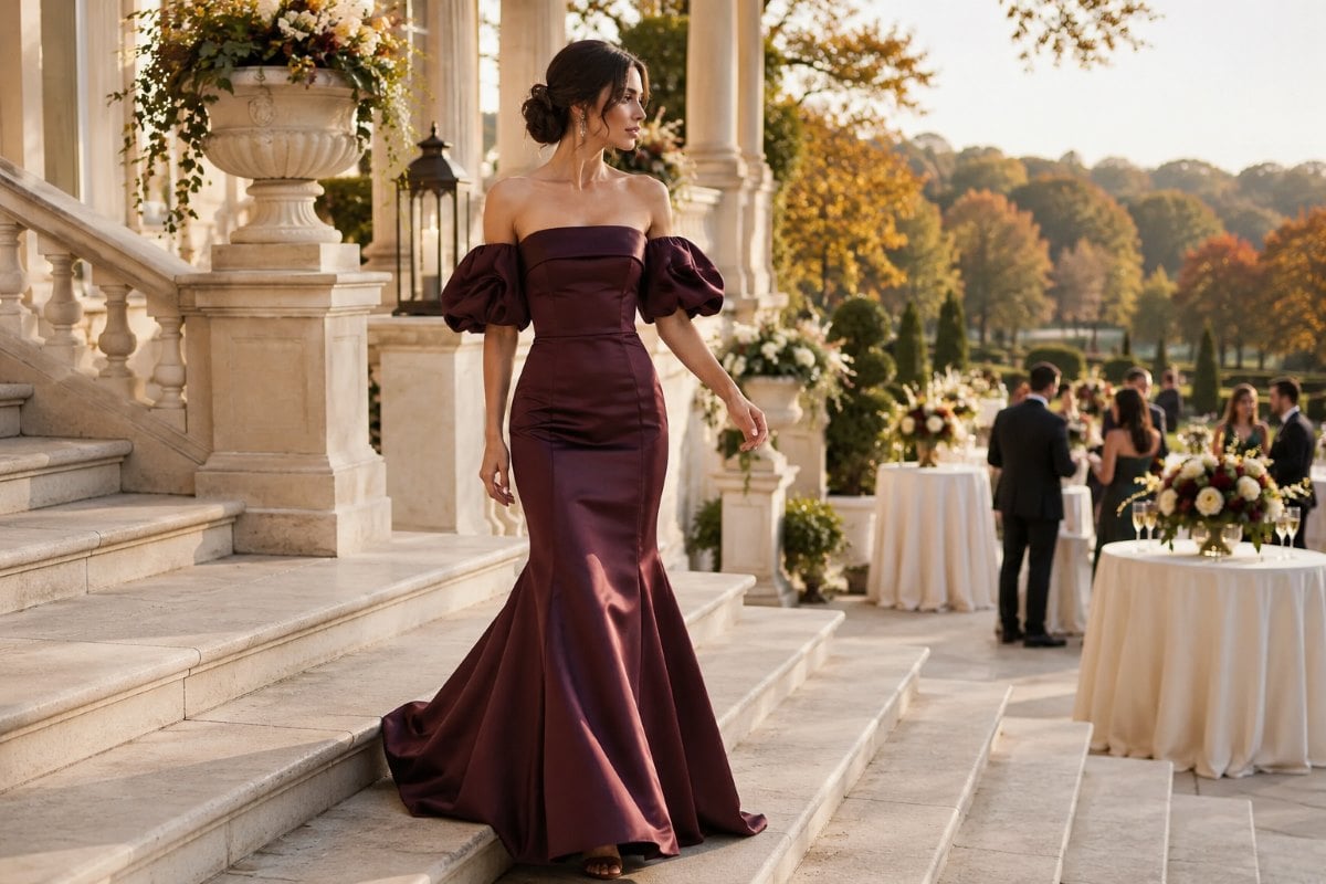 Oxblood burgundy wedding guest mermaid gown