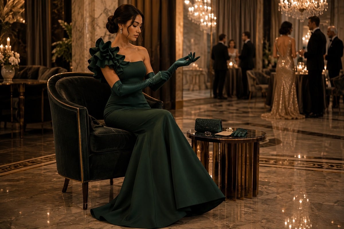 Pageant contestant demonstrating elegant opera glove etiquette