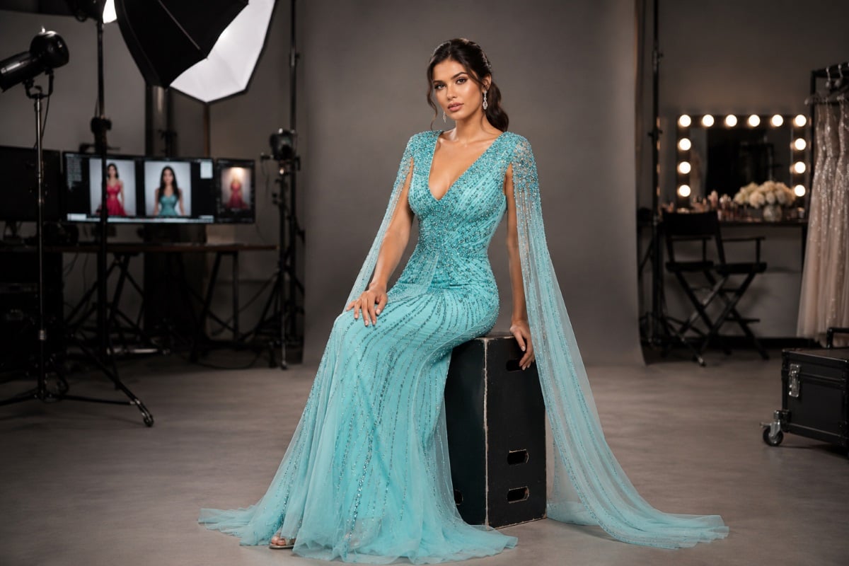 Pageant contestant in aqua crystal gown