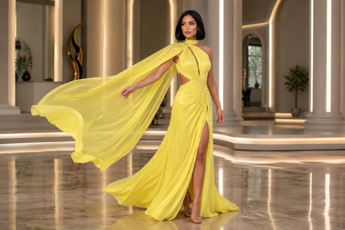 Pageant contestant practicing cape control turn