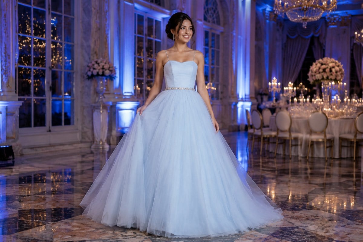 Pale blue Sweet 16 ball gown editorial