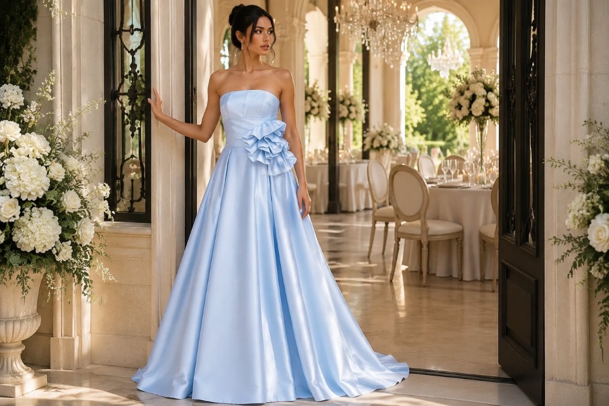 Pale blue wedding guest gown editorial look