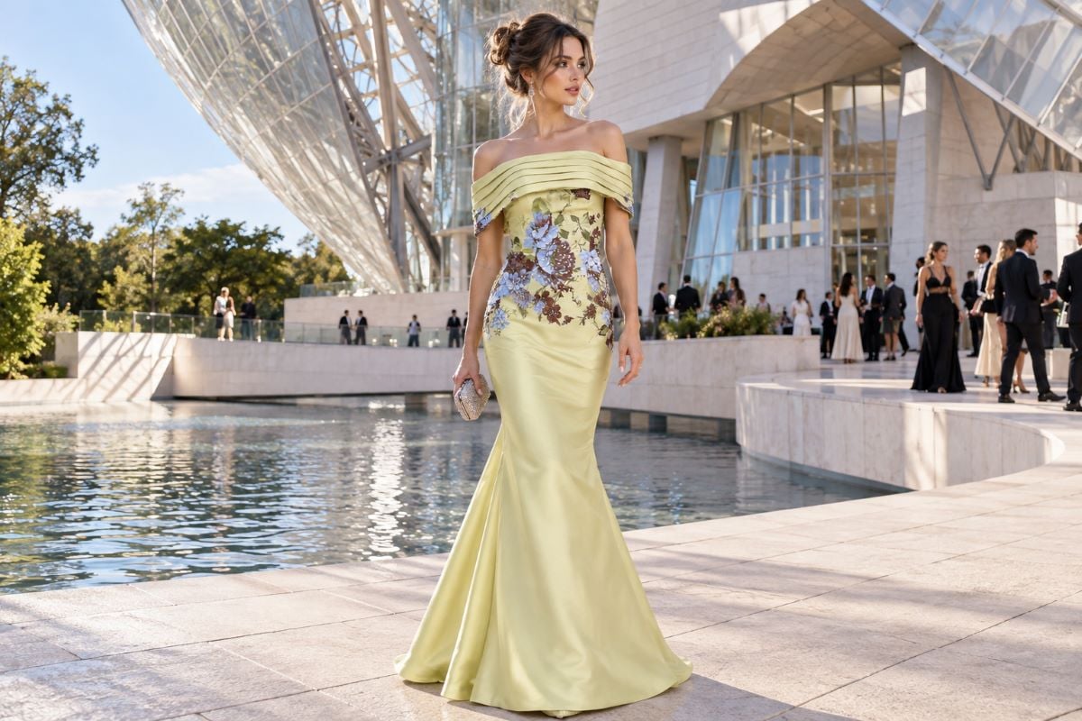 Pale yellow floral fashion event gown
