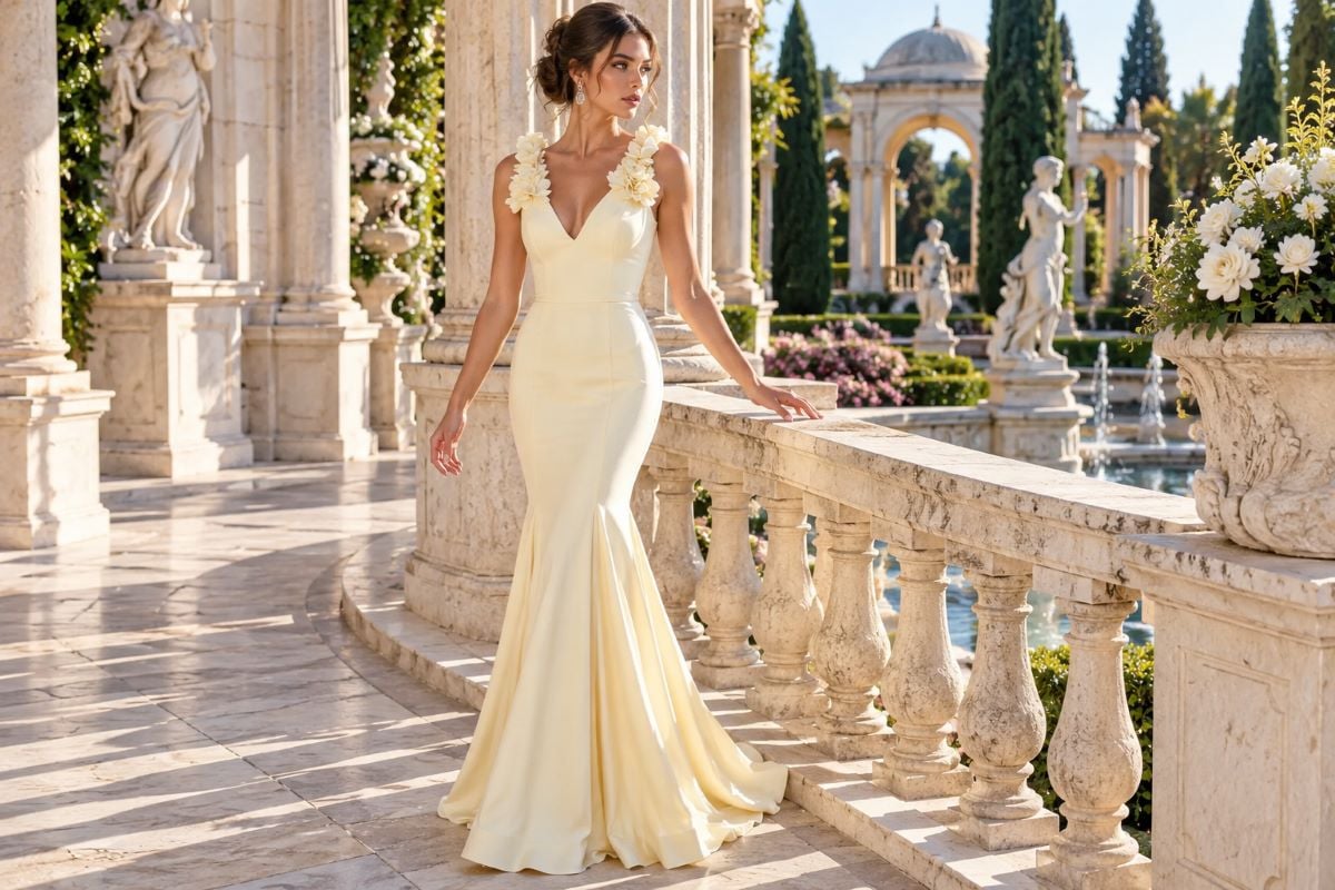 Pale yellow mermaid prom dress silhouette
