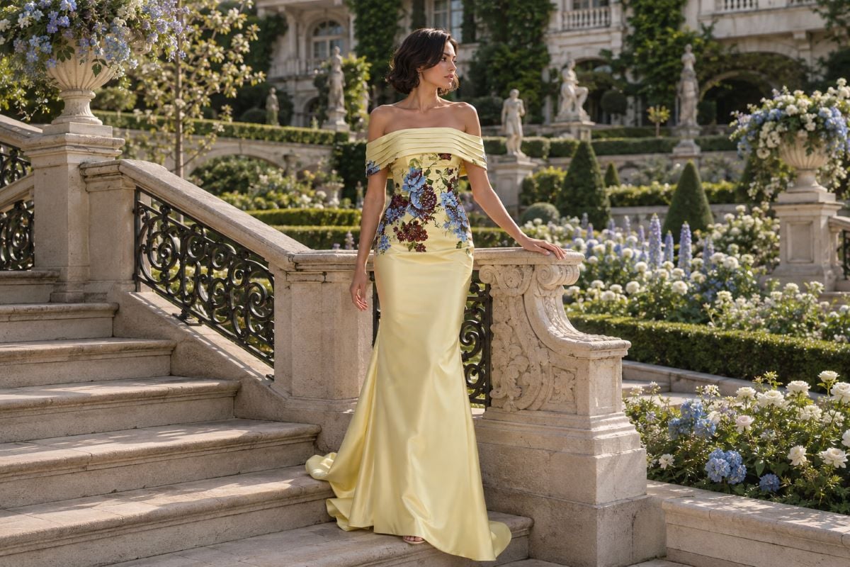 Pale yellow satin hourglass prom gown