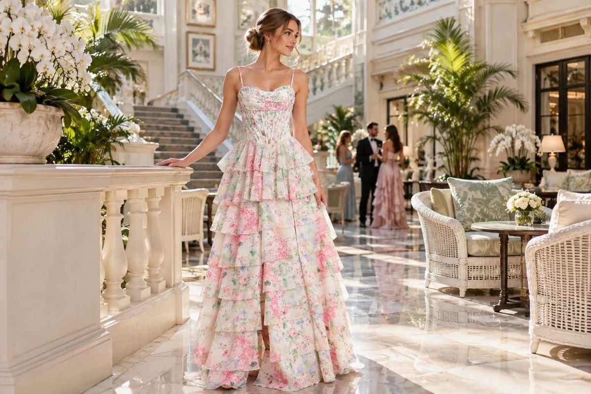 Pastel floral layered prom gown editorial