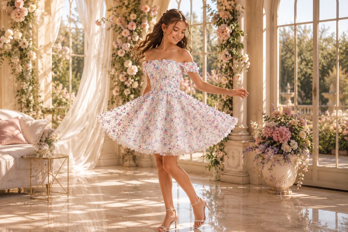 Tween girl in pastel floral party dress
