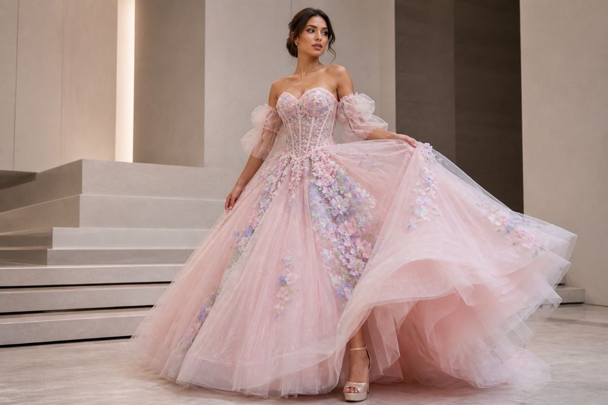 Pastel quinceañera ball gown with floral appliqué