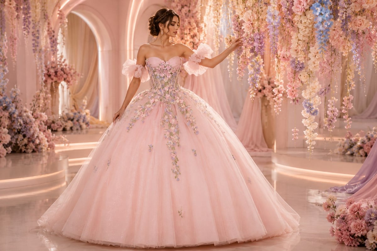 Pastel quinceanera gown with floral texture