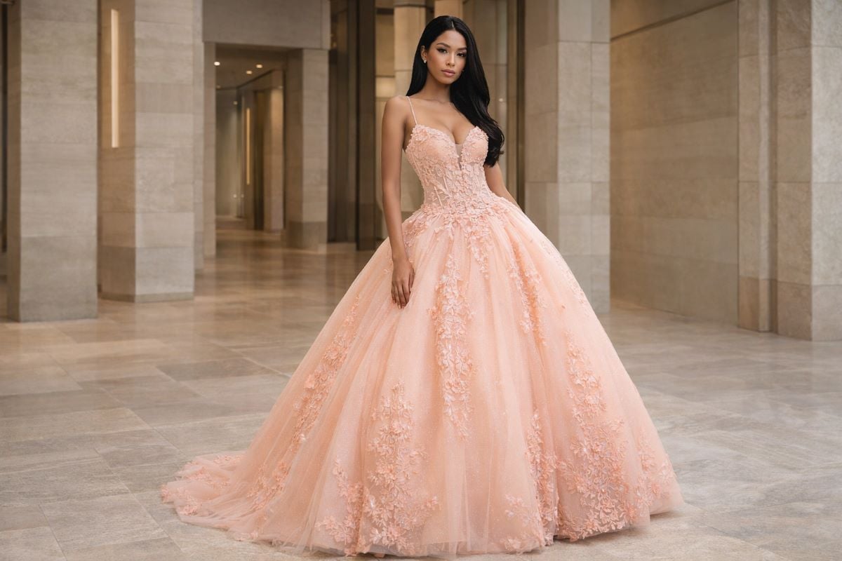Peach tulle ball gown with floral appliqué for quinceanera guest