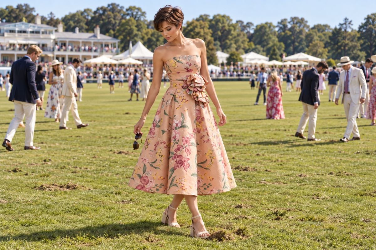 Peach floral dress polo divot stomp