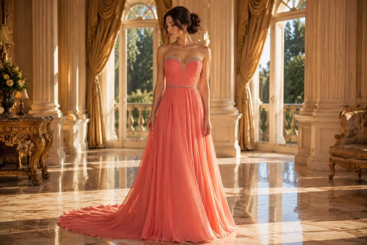 peach strapless gown palace editorial portrait