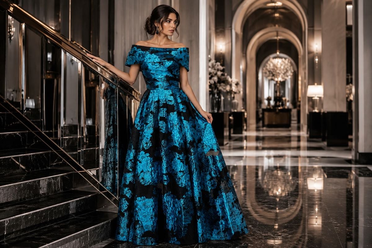 Peacock blue jacquard natural waist evening gown