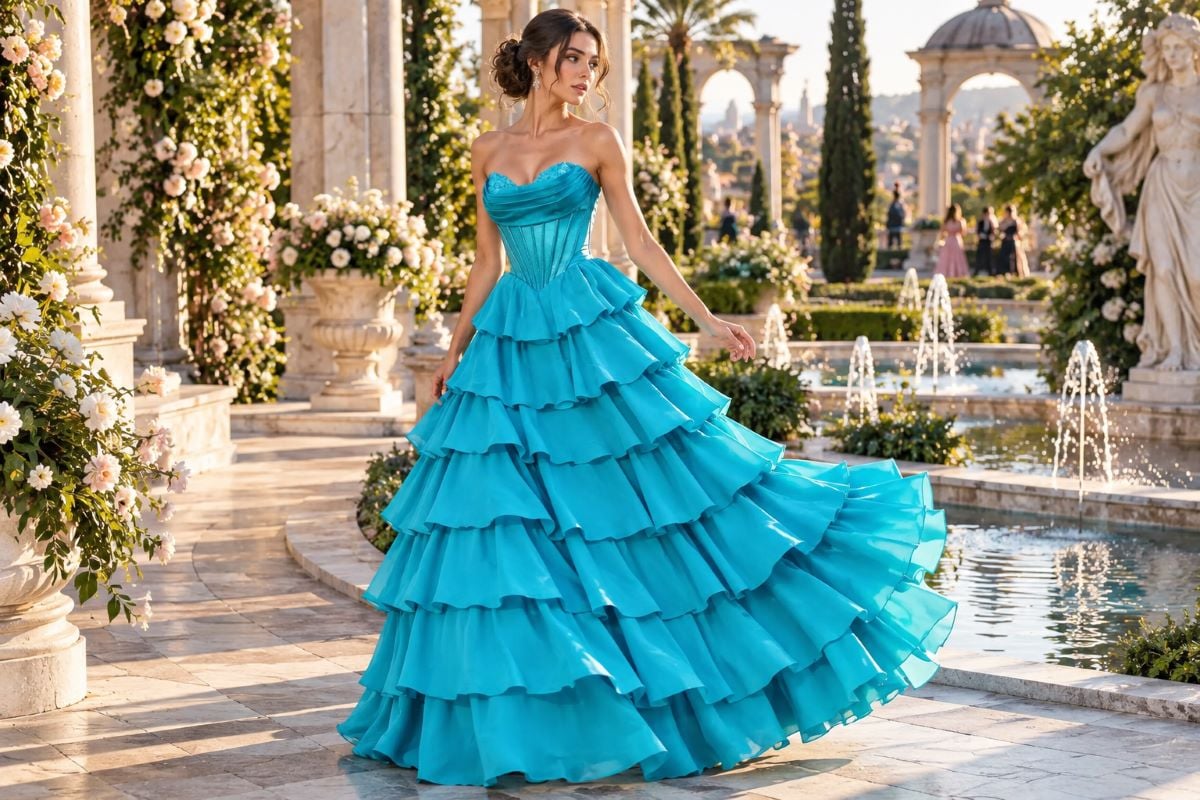 Peacock blue prom gown in motion