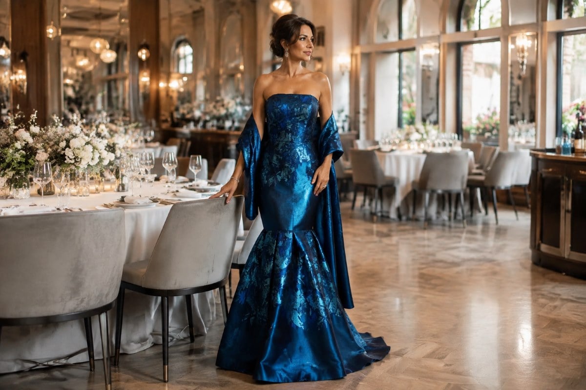 Elegant peacock blue rehearsal dinner gown