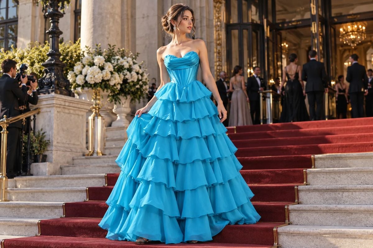 Peacock blue ruffle gown red carpet