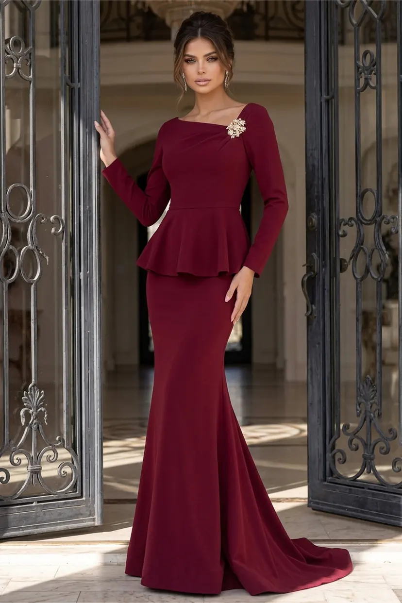Jovani 07131 Navy Long Sleeve Peplum Dress | Jovani