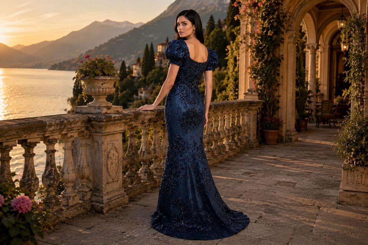 Navy embroidered fitted evening gown on luxury terrace