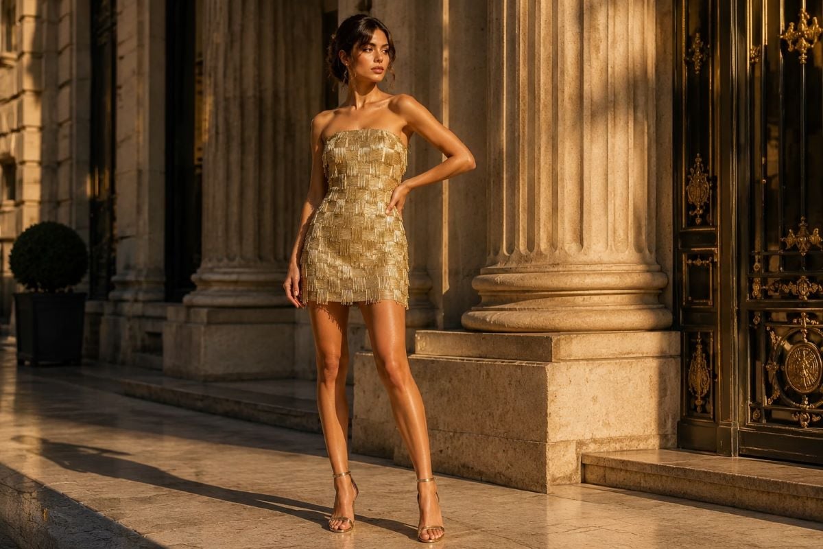 Petite woman in gold cocktail dress