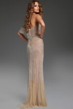 Back view of Jovani 40146 silver gown, highlighting off-shoulder draped sleeve.