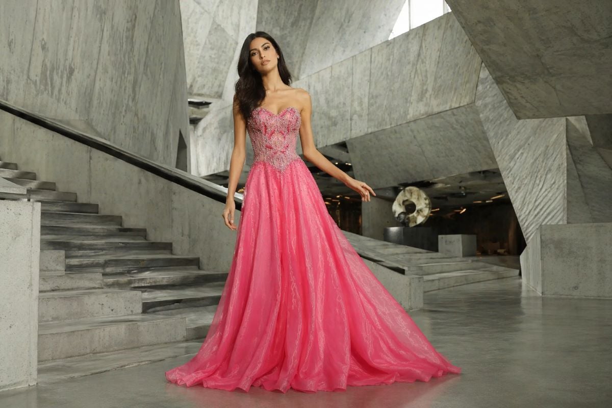 Pink A-line prom dress with embellished bodice