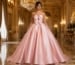 Pink ball gown in elegant ballroom setting