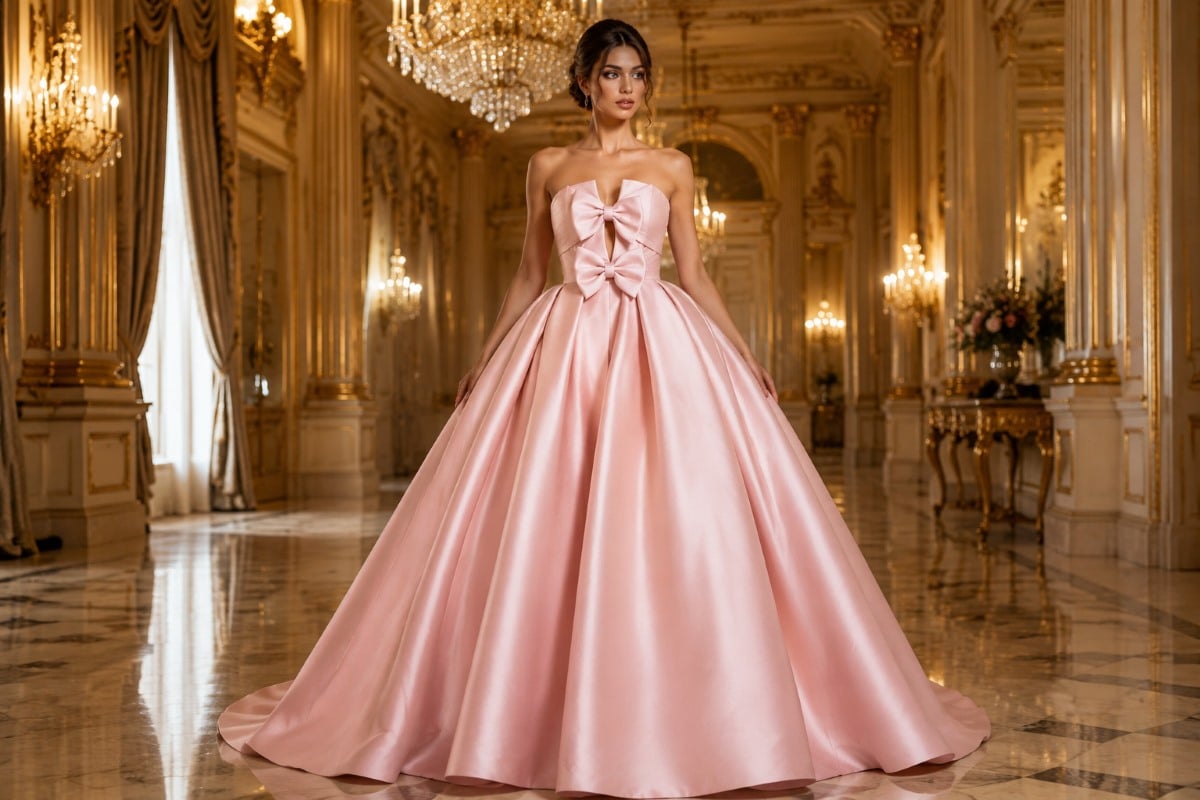 Pink ball gown in elegant ballroom setting