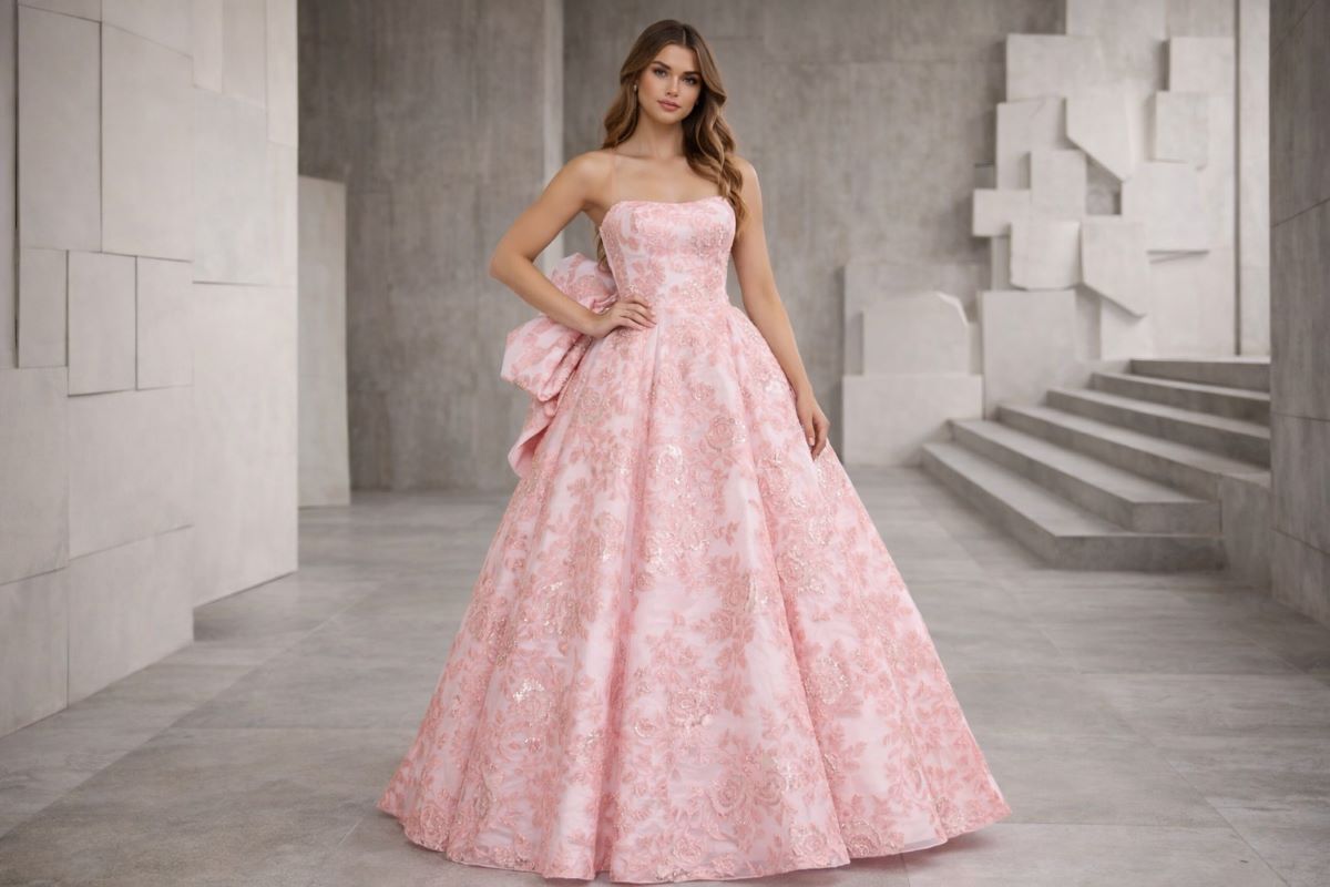 Pink ball gown with floral texture and structured skirt