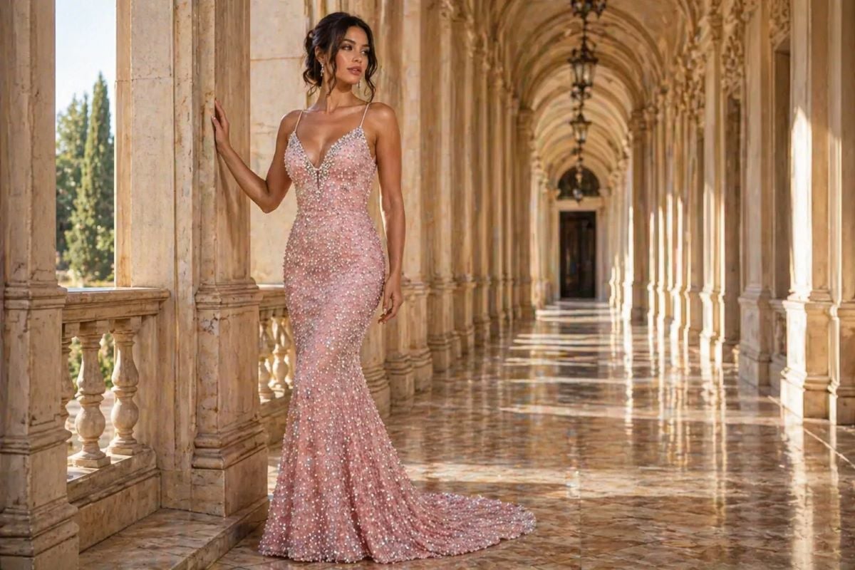 pink beaded fitted prom gown with spaghetti straps and deep v neckline