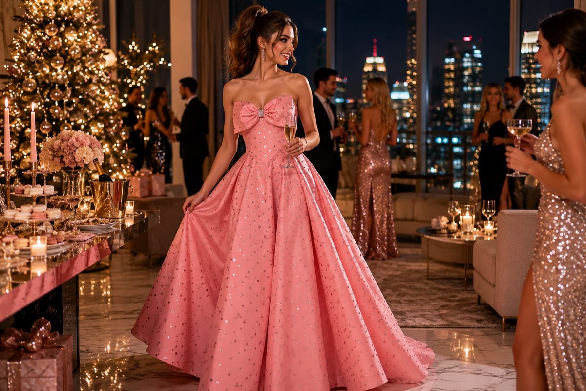 Pink bow ball gown house party