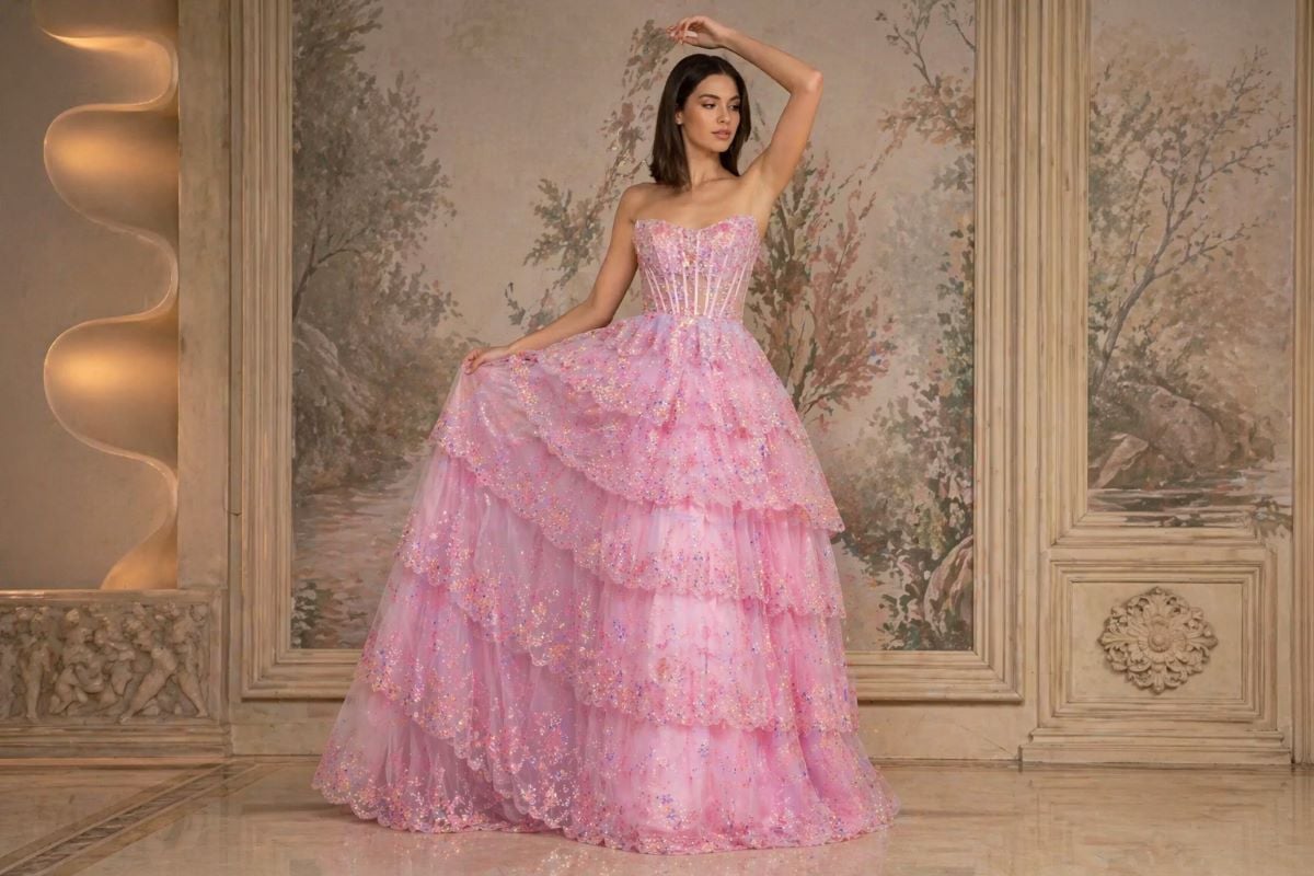 Pink corset prom dress layered skirt