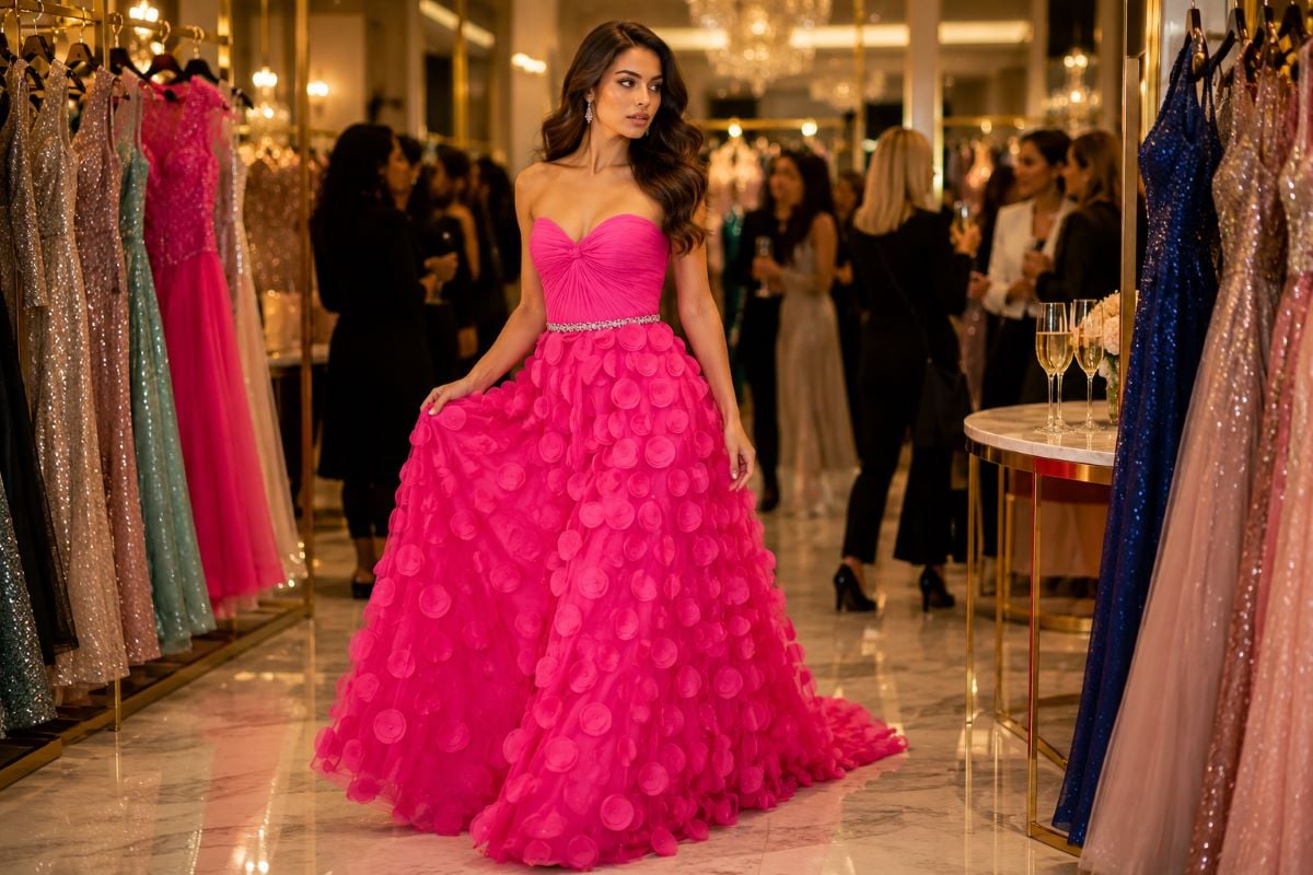 Model in pink couture prom gown at luxury trunk show event