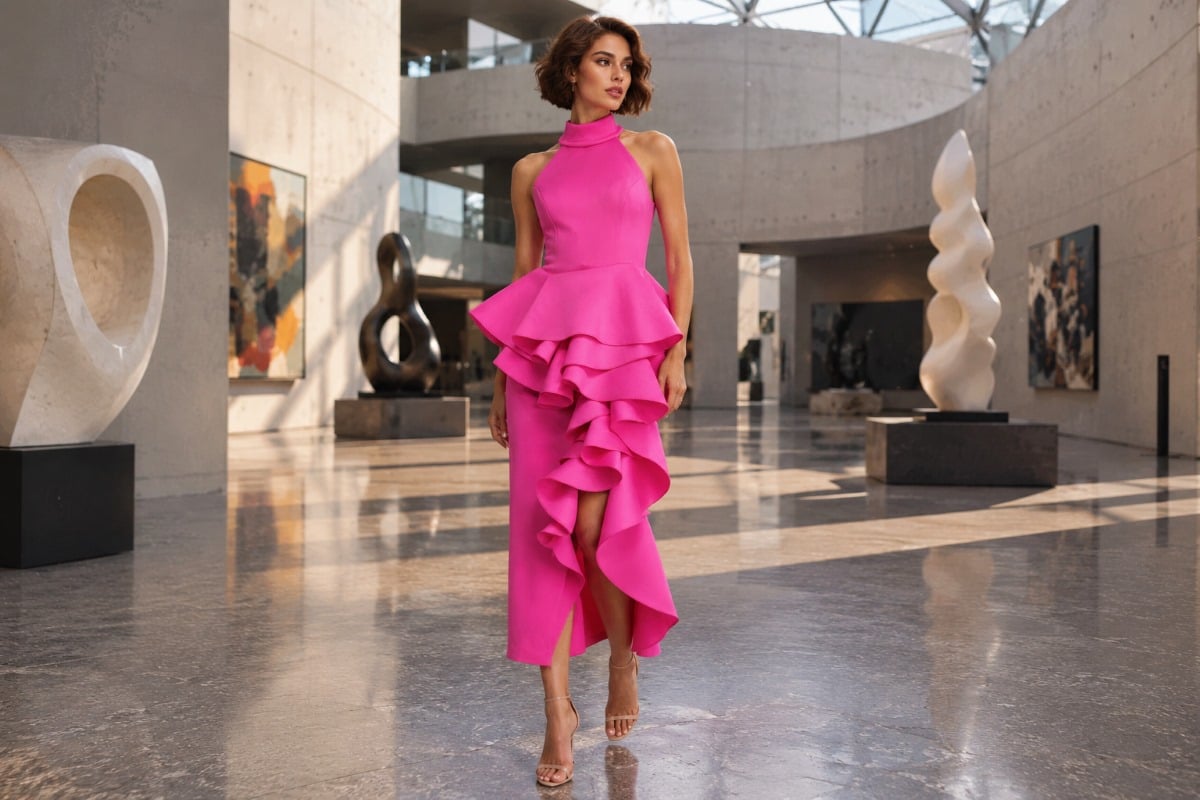 Pink cowl neck peplum editorial dress